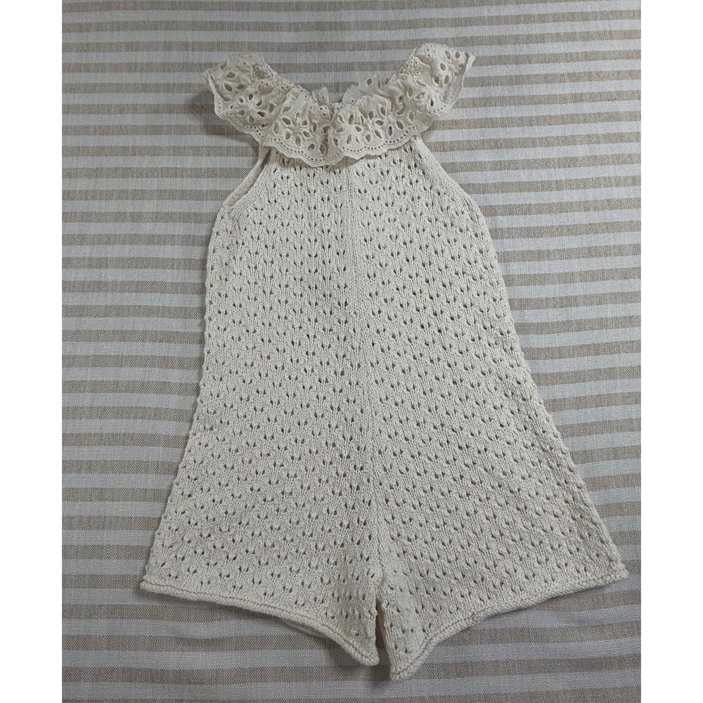 Zara Kids Cream Pointelle Knit Romper Eyelet Lace Ruffle Collar Size 2-3 Years